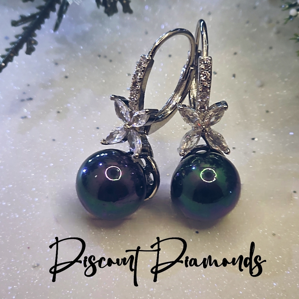 10mm Black Rainbow South Sea Shell Pearl & White Baguette Diamond Earrings 925 - Picture 11 of 12
